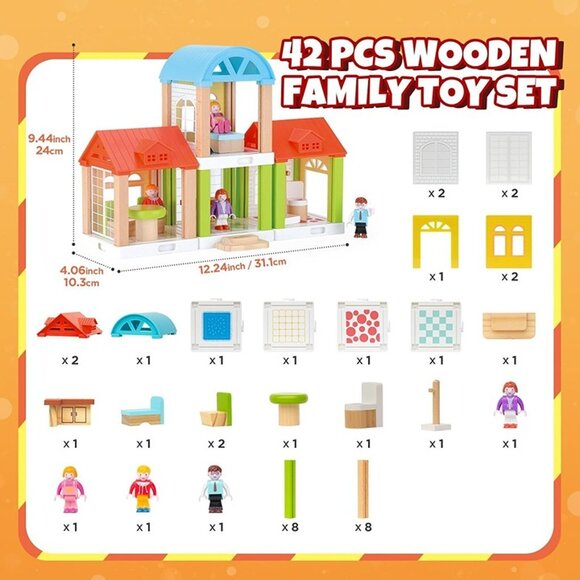 New 42-Piece Small Wooden Dollhouse Set, 4-Room Family Toy House with 4 Doll - Picture 5 of 8